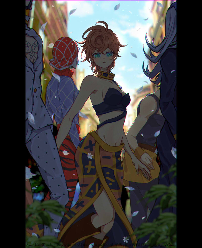 bruno bucciarati, guido mista, narancia ghirga, trish una, and leone abbacchio (jojo no kimyou na bouken and 1 more) drawn by o_ok