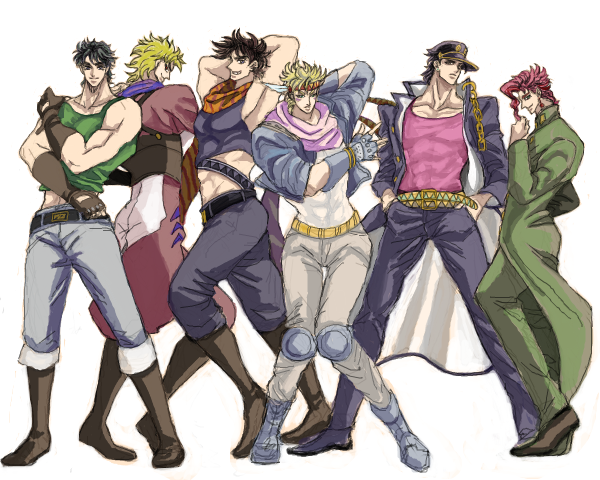 joseph joestar, kujo jotaro, dio brando, caesar anthonio zeppeli, kakyoin noriaki, and 1 more (jojo no kimyou na bouken and 2 more) drawn by osirisunotenkuryu