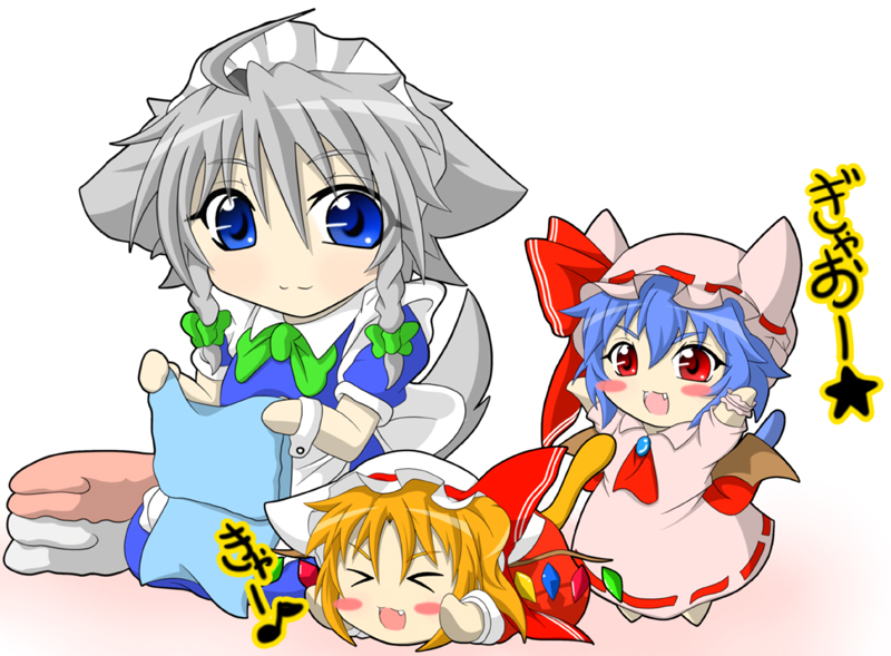 remilia scarlet, flandre scarlet, izayoi sakuya, and inu sakuya (touhou) drawn by kokujuuji