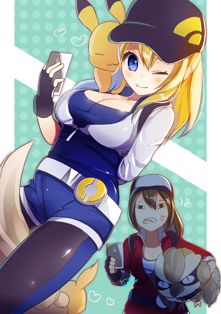 pikachu, eevee, female protagonist, and pidgey (pokemon and 1 more) drawn by omucchan_(omutyuan)