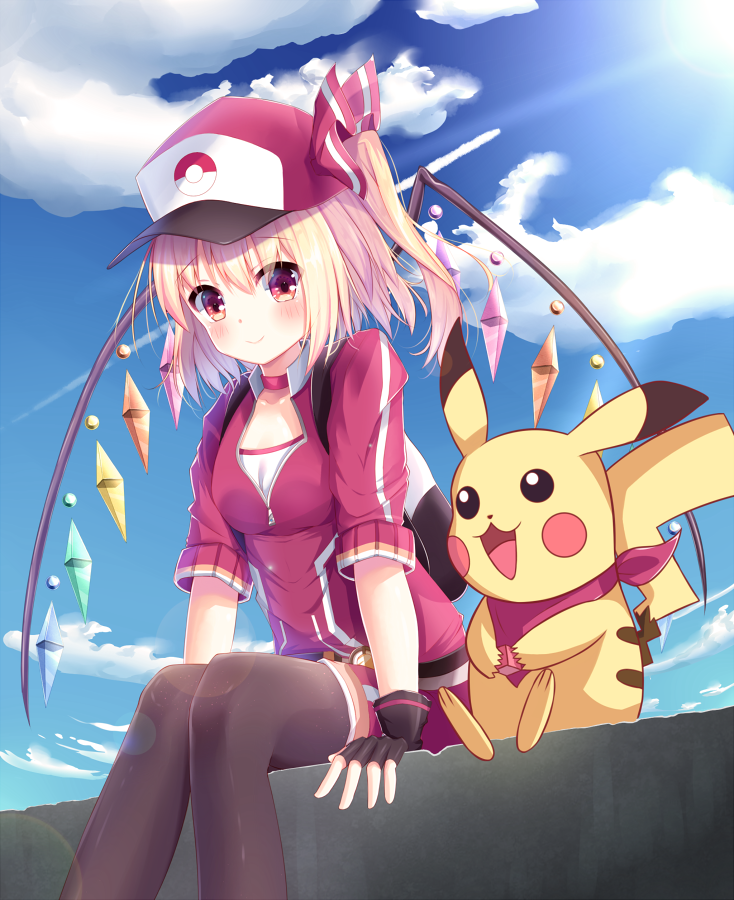 flandre scarlet, pikachu, and female protagonist (touhou and 2 more) drawn by shiero.
