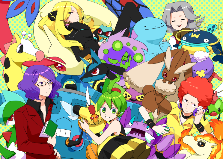 cynthia, lucario, lopunny, gallade, drifloon, and 16 more (pokemon and 1 more) drawn by gum_(gmng)