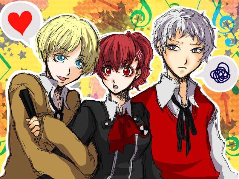 shiomi kotone, sanada akihiko, and andre roland jean gerard (persona and 2 more) drawn by ren-okita