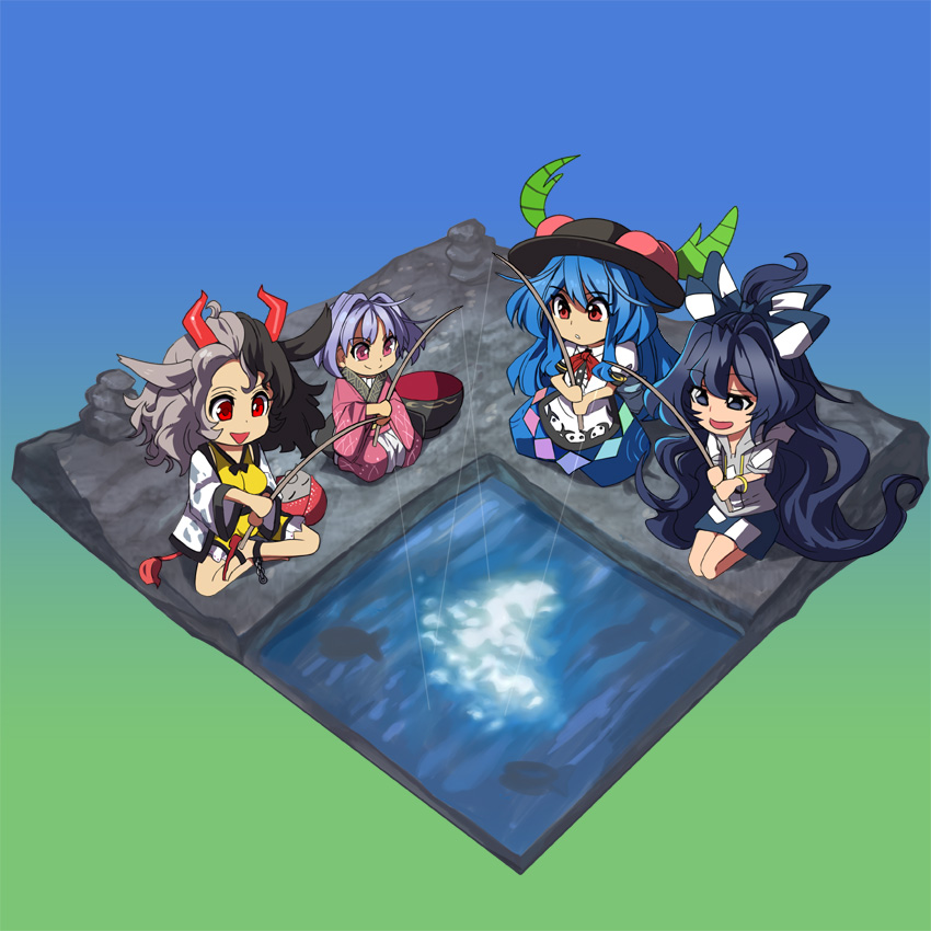 hinanawi tenshi, sukuna shinmyoumaru, yorigami shion, and ushizaki urumi (touhou) drawn by syope