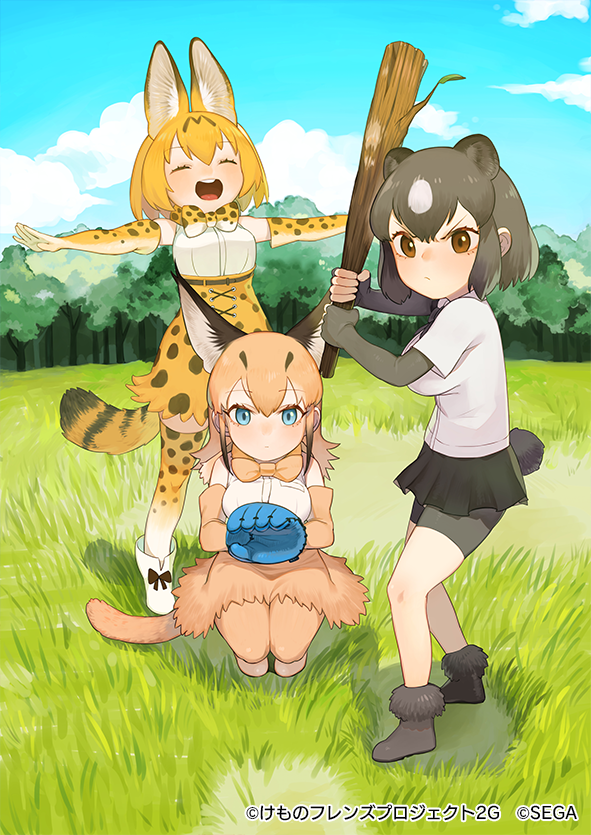 serval, caracal, and brown bear (kemono friends) drawn by beijuu