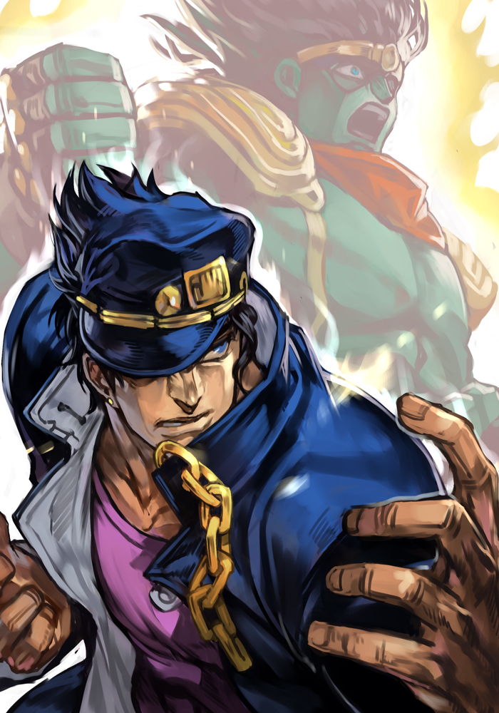 kujo jotaro and star platinum (jojo no kimyou na bouken and 1 more) drawn by hungry_clicker