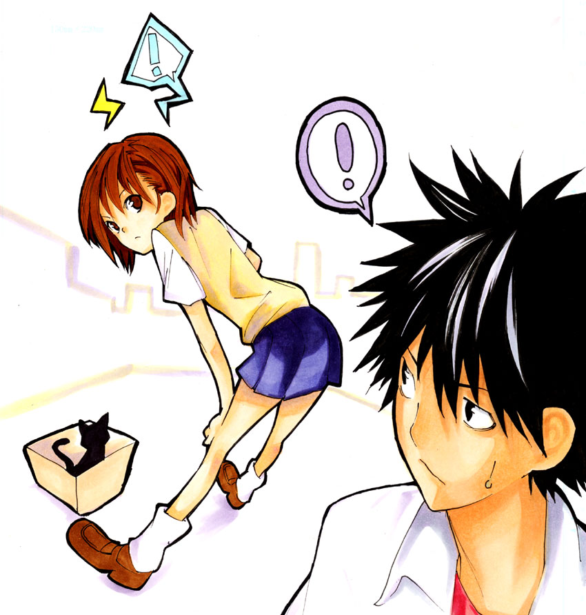 misaka mikoto, kamijou touma, and misaka imouto 10032's cat (toaru majutsu no index and 1 more) drawn by black_(pixiv292030)