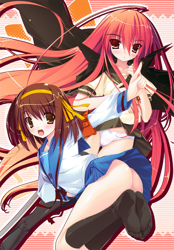 suzumiya haruhi, shana, and alastor (suzumiya haruhi no yuuutsu and 1 more) drawn by yukiusagi_(gaballscreen&blaze)