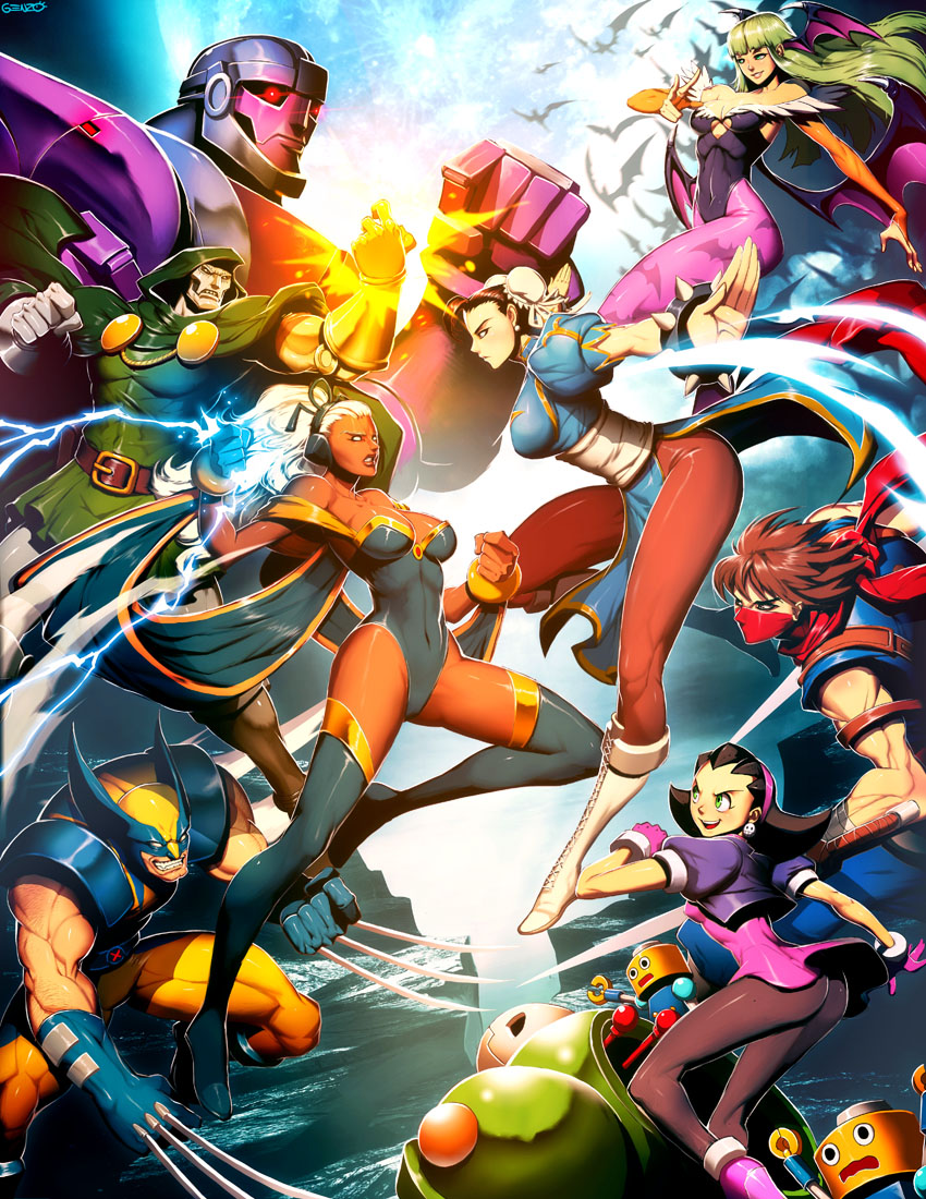 chun-li, morrigan aensland, wolverine, tron bonne, servbot, and 5 more (street fighter and 9 more) drawn by genzoman