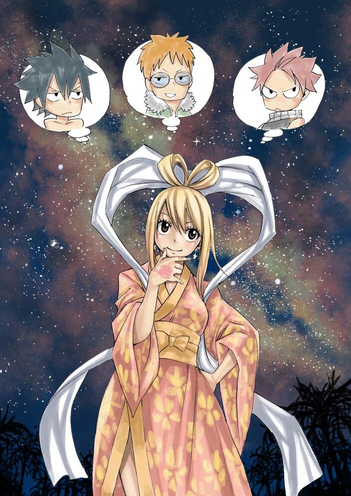 lucy heartfilia, natsu dragneel, gray fullbuster, and loke (fairy tail) drawn by mashima_hiro