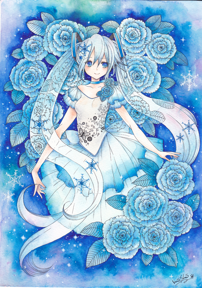 hatsune miku and yuki miku (vocaloid) drawn by mosho