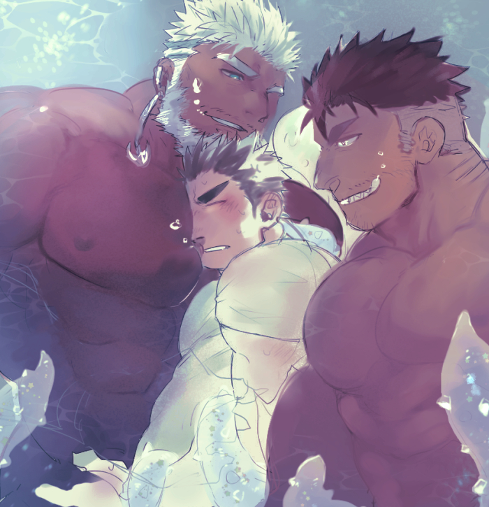 protagonist 3, aegir, and dagon (tokyo afterschool summoners) drawn by po_fu