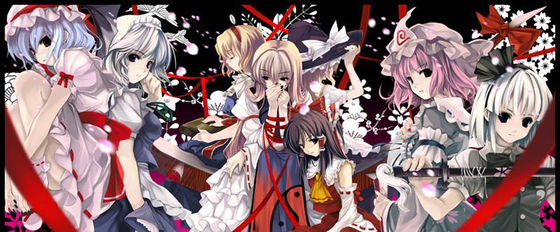 hakurei reimu, kirisame marisa, remilia scarlet, izayoi sakuya, konpaku youmu, and 3 more (touhou and 1 more) drawn by cradle_(circle) and misaki_kurehito