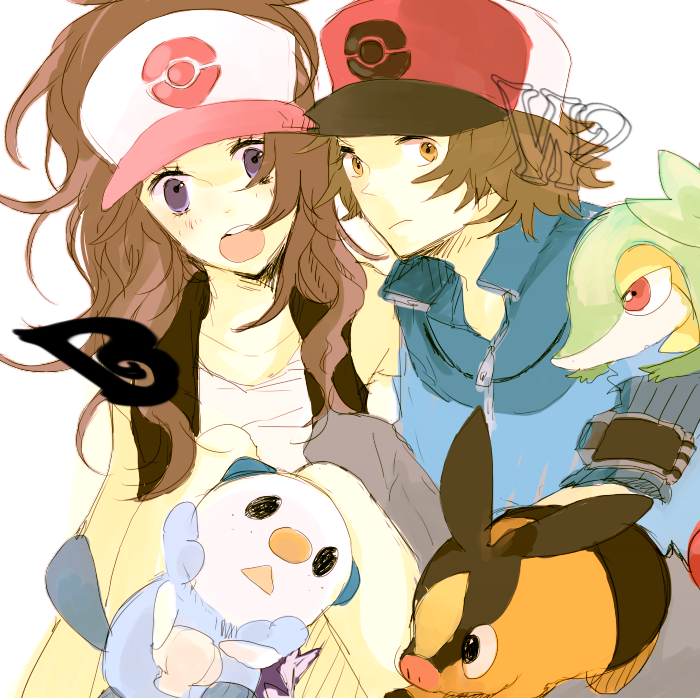 hilda, hilbert, oshawott, snivy, and tepig (pokemon and 1 more) drawn by meiji_(artist)