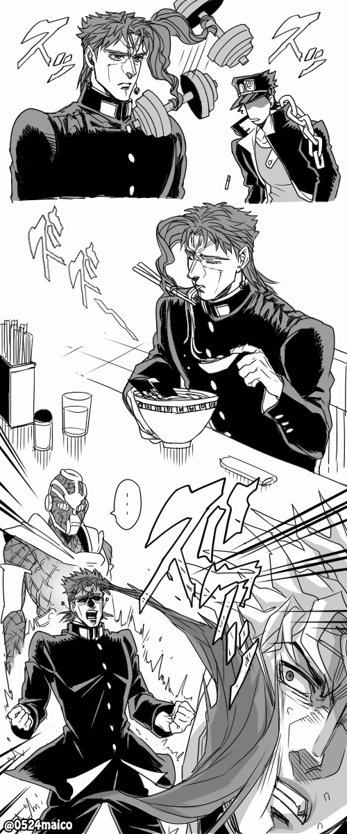 kujo jotaro, dio brando, kakyoin noriaki, and hierophant green (jojo no kimyou na bouken and 1 more) drawn by meiji_ken