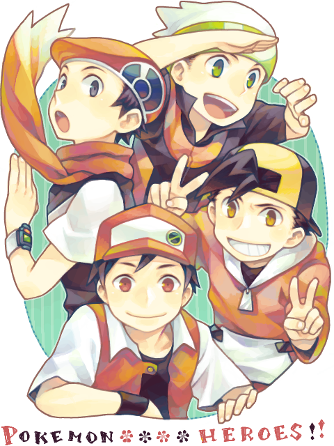 red, ethan, brendan, and lucas (pokemon and 4 more) drawn by flamebee