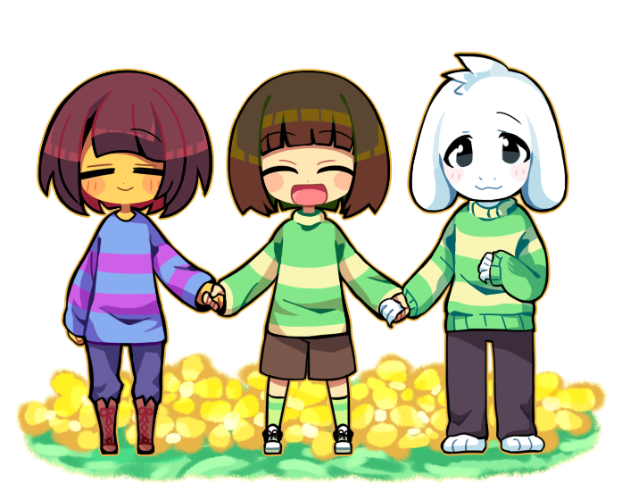 frisk, chara, and asriel dreemurr (undertale) drawn by macotea