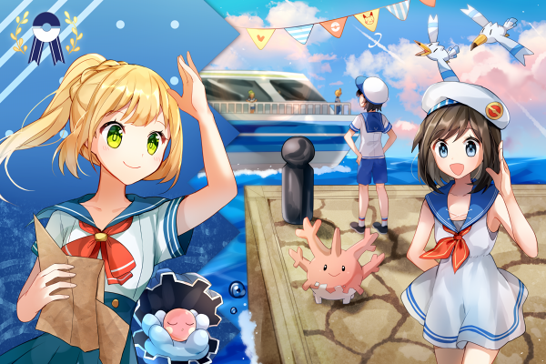 lillie, selene, elio, wingull, corsola, and 1 more (pokemon and 1 more) drawn by yuhi_(hssh_6)