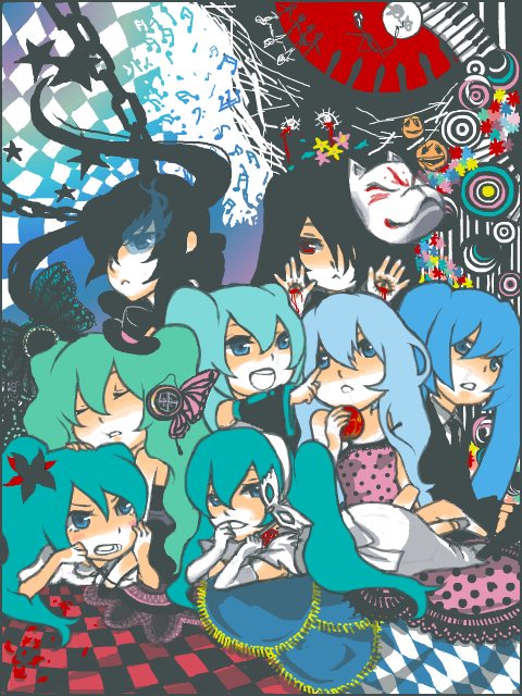 hatsune miku and black rock shooter (vocaloid and 8 more) drawn by shiratama_(shiratama_gold)