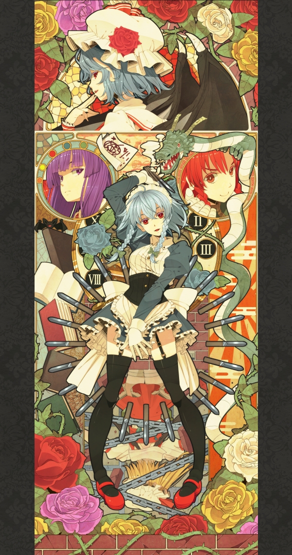 remilia scarlet, izayoi sakuya, patchouli knowledge, and hong meiling (touhou) drawn by ogino_(oginogino)