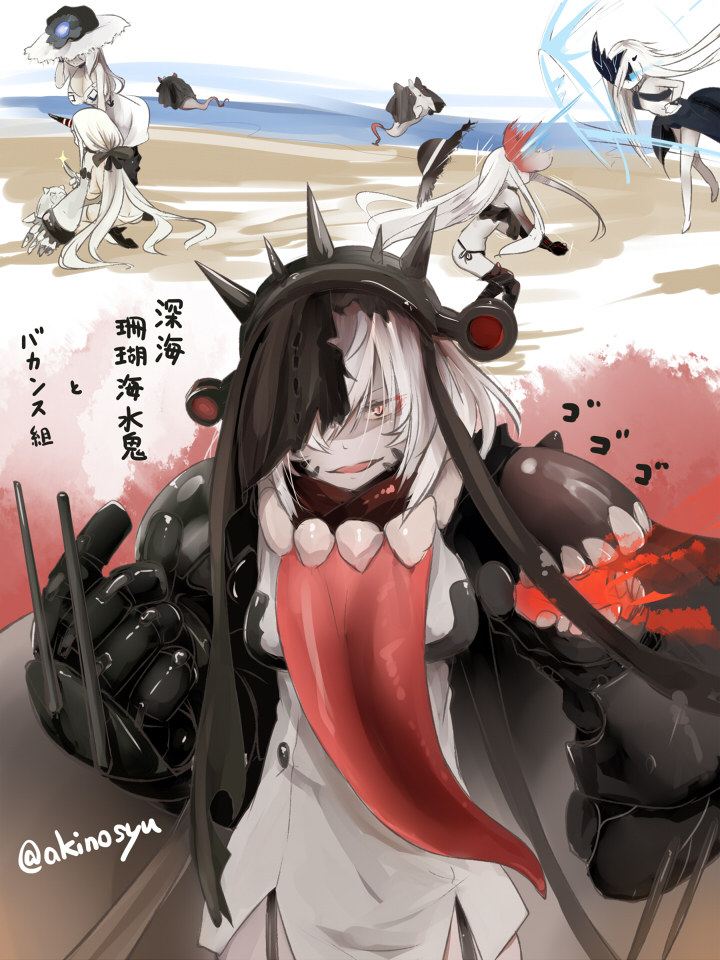 seaport princess, ne-class heavy cruiser, seaport summer princess, aircraft carrier summer princess, and abyssal coral sea water oni (kantai collection) drawn by akino_shuu