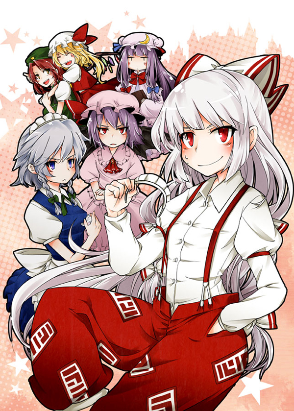 remilia scarlet, flandre scarlet, izayoi sakuya, patchouli knowledge, fujiwara no mokou, and 1 more (touhou) drawn by kikuichi_monji