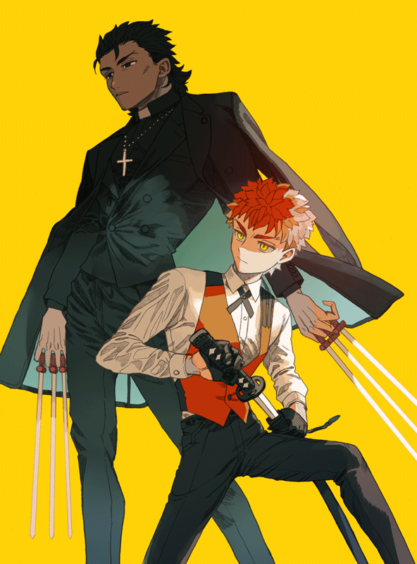 emiya shirou and kotomine kirei (fate and 1 more) drawn by tnaym