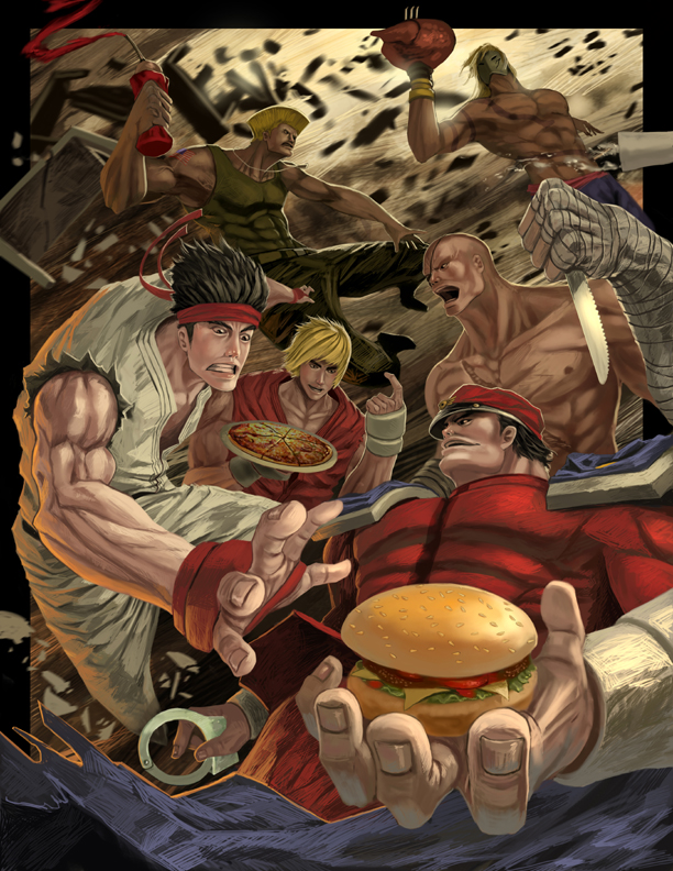 ryu, ken masters, m. bison, guile, sagat, and 1 more (street fighter) drawn by jessada_sutthi