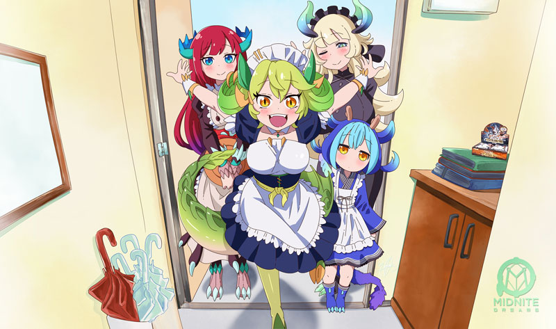 laundry dragonmaid, parlor dragonmaid, kitchen dragonmaid, and chamber dragonmaid (yu-gi-oh! and 1 more) drawn by midnite_dreams