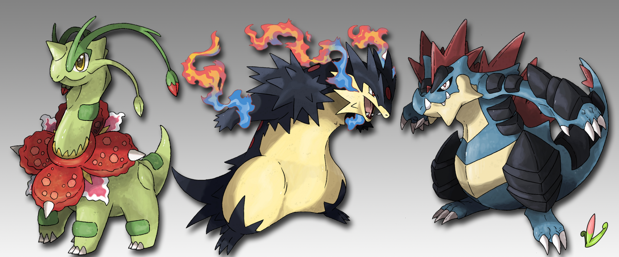 typhlosion, feraligatr, and meganium (original and 1 more) drawn by  etherealhaze