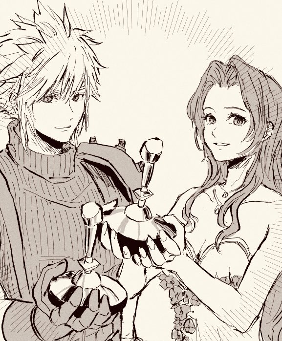 cloud strife and aerith gainsborough (final fantasy and 3 more) drawn by pulupulupoodle
