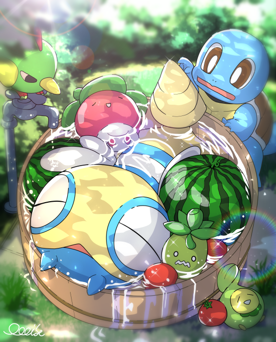 squirtle, budew, natu, bounsweet, smoliv, and 1 more (pokemon) drawn by oooise