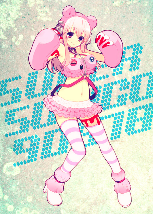 super sonico, gloomy bear, and grg x super sonico (nitroplus and 1 more) drawn by honda_tamanosuke