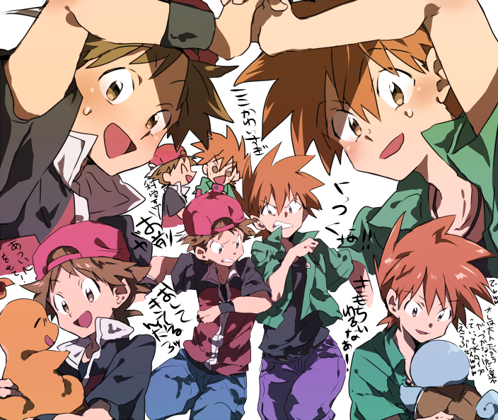 red, blue oak, squirtle, and charmander (pokemon and 2 more) drawn by chokota
