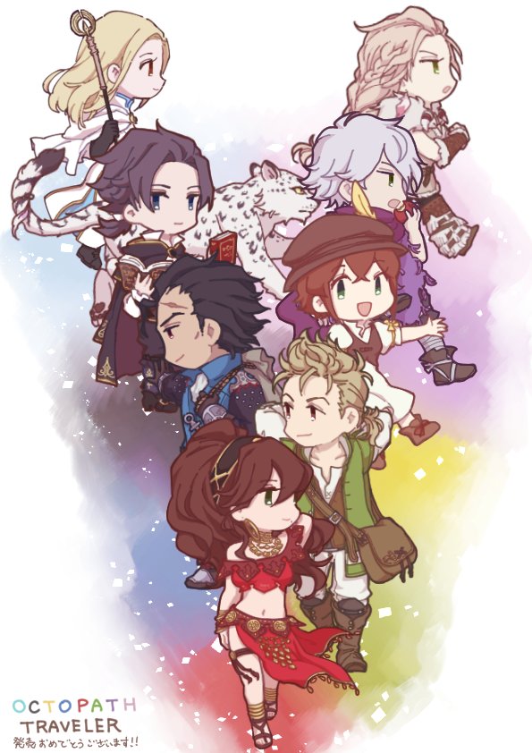 therion, tressa colzione, ophilia clement, primrose azelhart, cyrus albright, and 3 more (octopath traveler and 1 more) drawn by amkwa