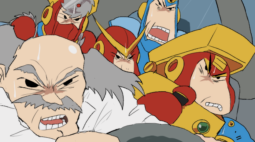 dr. wily, quick man, metal man, air man, flash man, and 1 more (mega man and 2 more) drawn by nt_26