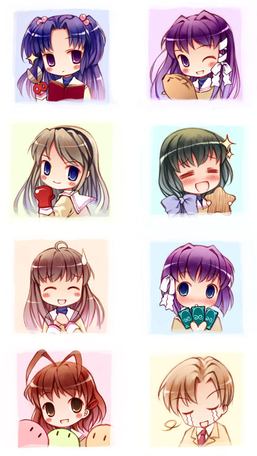 furukawa nagisa, fujibayashi kyou, ibuki fuuko, sakagami tomoyo, ichinose kotomi, and 4 more (clannad and 1 more) drawn by yoshinari_atsushi