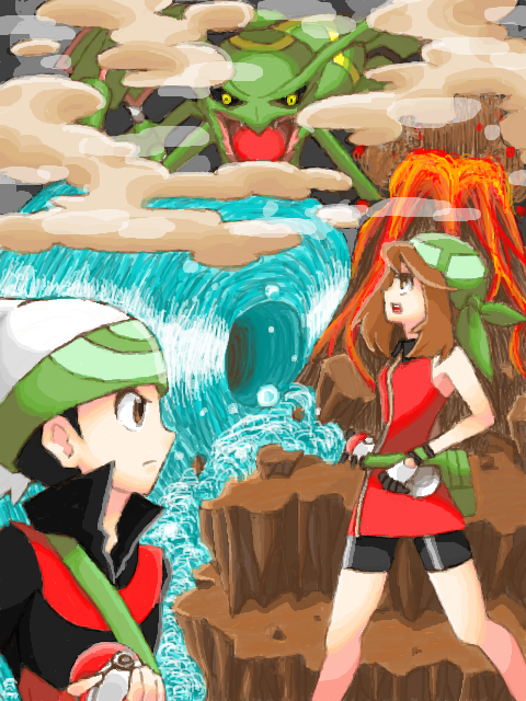 may, brendan, and rayquaza (pokemon and 2 more) drawn by ponzumoon