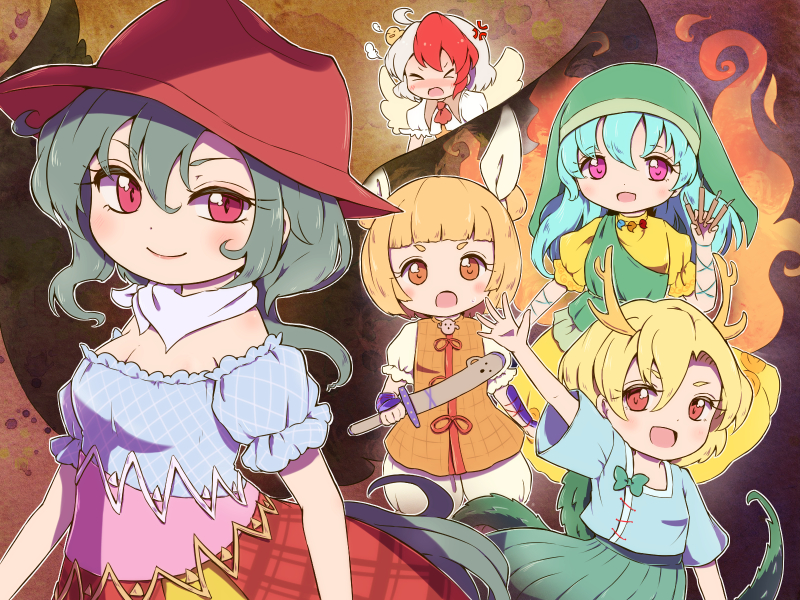 kicchou yachie, kurokoma saki, niwatari kutaka, haniyasushin keiki, and joutouguu mayumi (touhou and 1 more) drawn by rekishitai_hoonoji