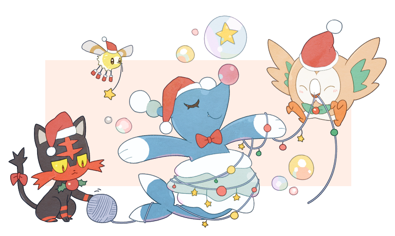 rowlet, litten, cutiefly, and brionne (pokemon) drawn by jaho