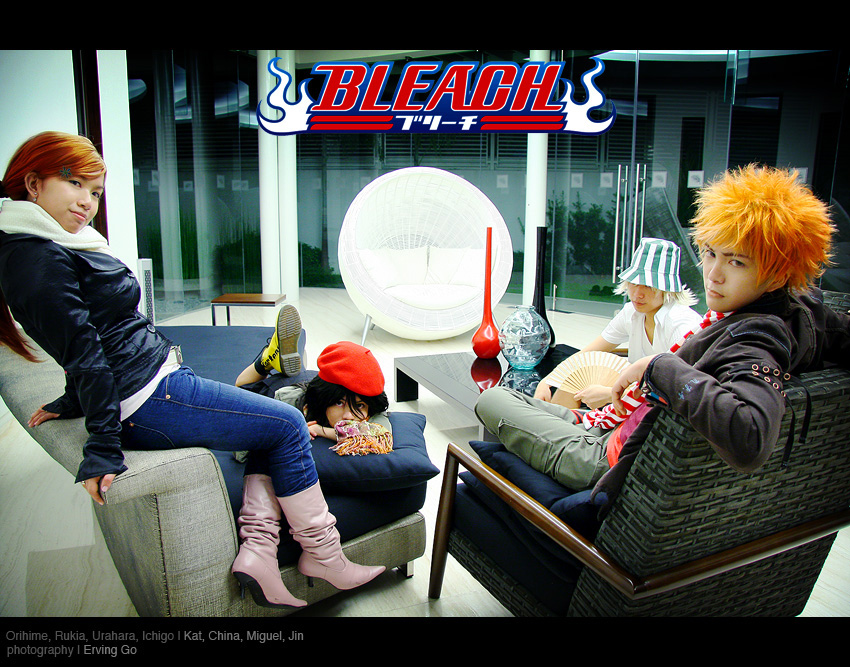 kuchiki rukia, inoue orihime, kurosaki ichigo, and urahara kisuke (bleach) drawn by behindinfinity, miguel_mercado, moonlightflight, and snowpeachdrop