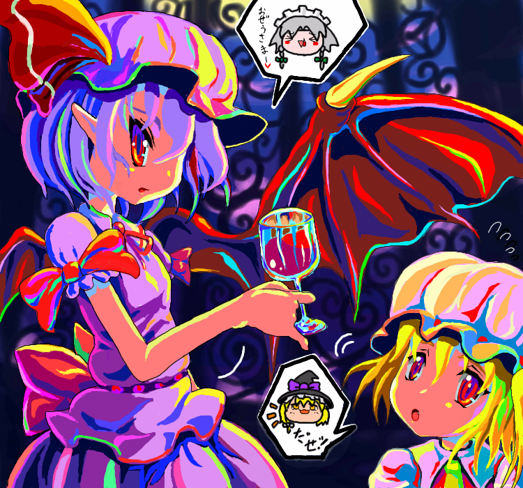 kirisame marisa, remilia scarlet, flandre scarlet, and izayoi sakuya (touhou) drawn by kabutoyama