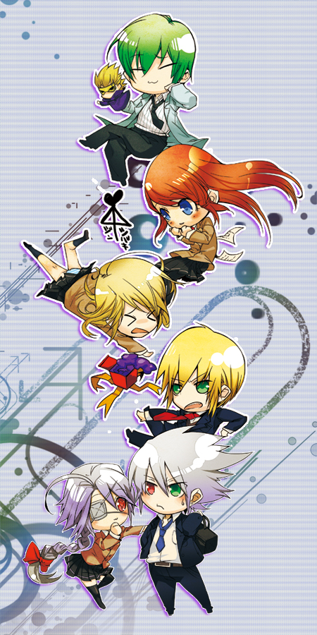 noel vermillion, ragna the bloodedge, nu-13, jin kisaragi, tsubaki yayoi, and 2 more (blazblue) drawn by kazuomi_(tukima)