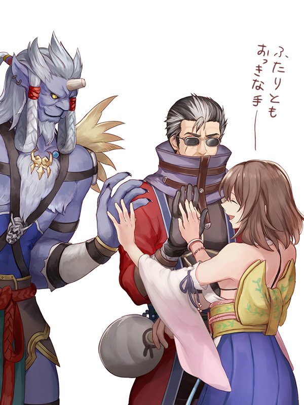 yuna, auron, and kimahri ronso (final fantasy and 1 more) drawn by sasanomesi