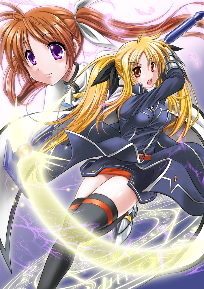 fate testarossa, takamachi nanoha, and bardiche (lyrical nanoha and 1 more) drawn by kakiko