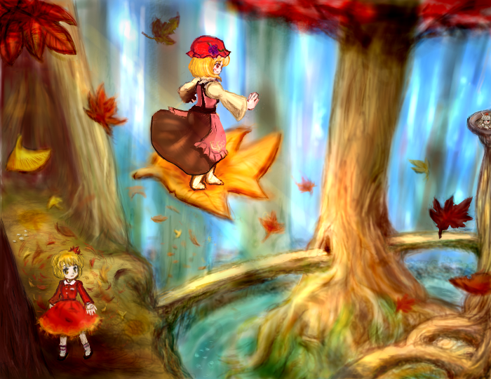 inubashiri momiji, aki minoriko, and aki shizuha (touhou and 1 more) drawn by yamimunemitsu