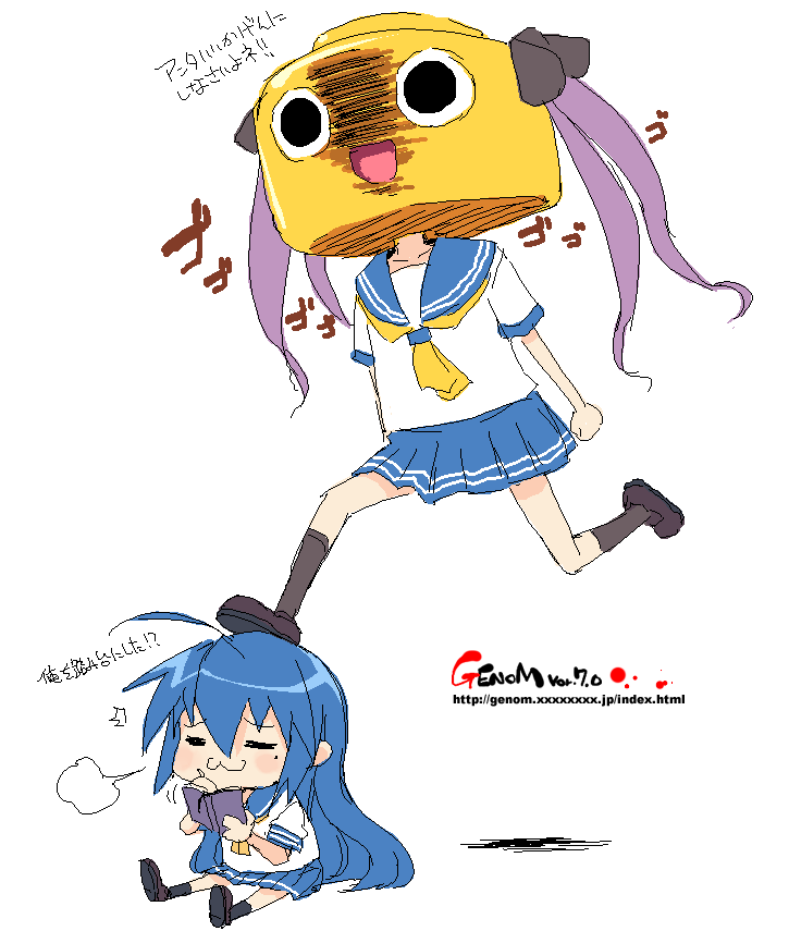 hiiragi kagami, izumi konata, and servbot (mega man and 2 more) drawn by onija_tarou