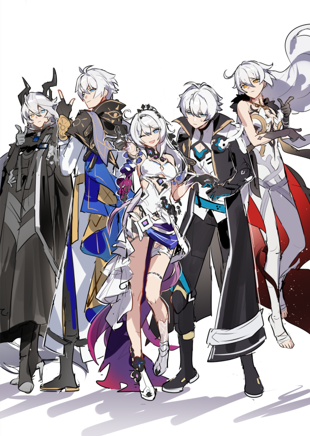 kiana kaslana, phainon, kevin kaslana, kugimiya rie, unknown god, and 4 more (genshin impact and 5 more) drawn by grape_(grapedraws)