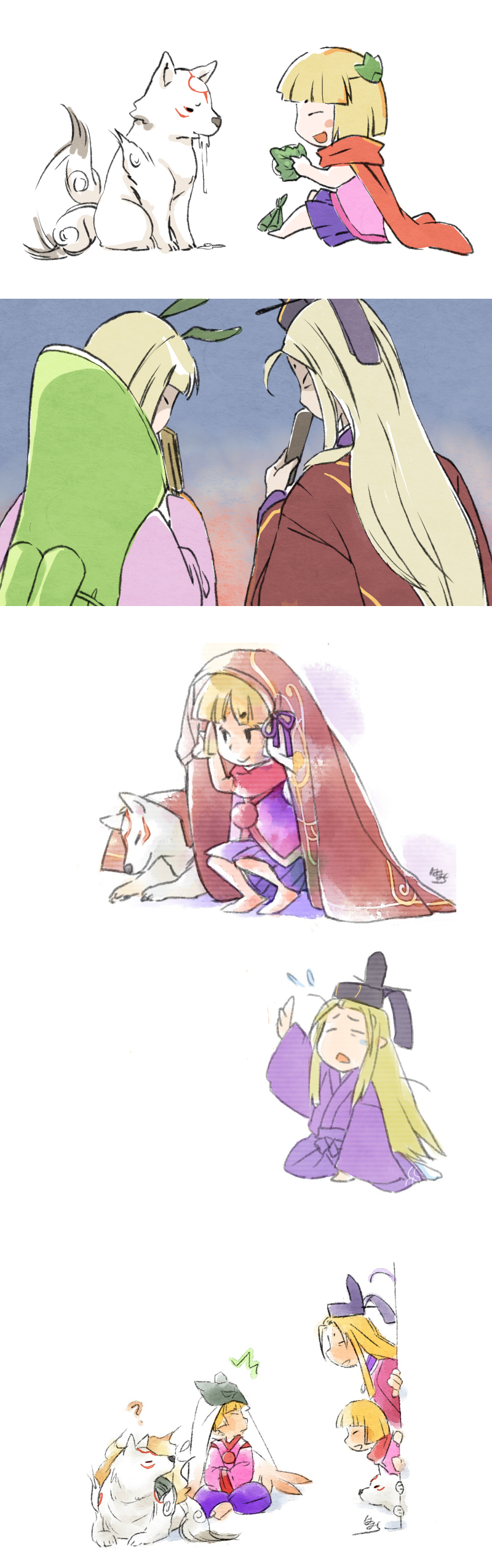 amaterasu, ushiwakamaru, chibiterasu, kaguya, sugawara michizane, and 1 more (ookami and 1 more) drawn by hamachi_(kuchiba)