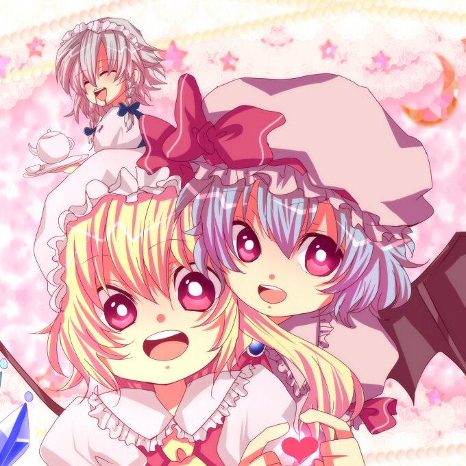 remilia scarlet, flandre scarlet, and izayoi sakuya (touhou) drawn by momoco88